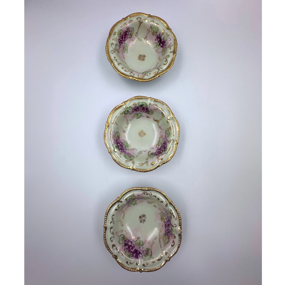 Antique 1890's Hand Painted Porcelain Purple Grapes Nippon Style Gold Set of 3